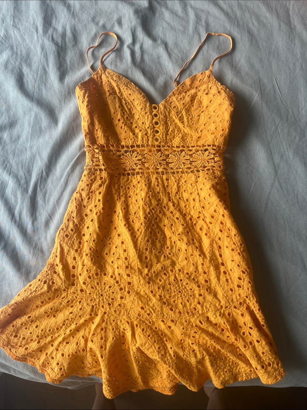 Fashion Nova Yellow Eyelet Mini Dress with Spaghetti Straps